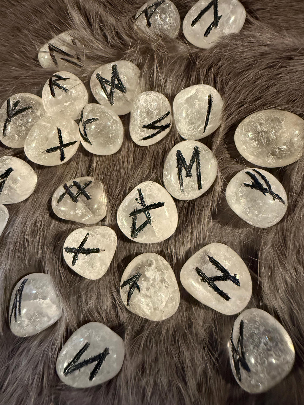 Gemstone Rune Set: Elder Futhark Runes With Thor’s Hammer Etched Wooden Box