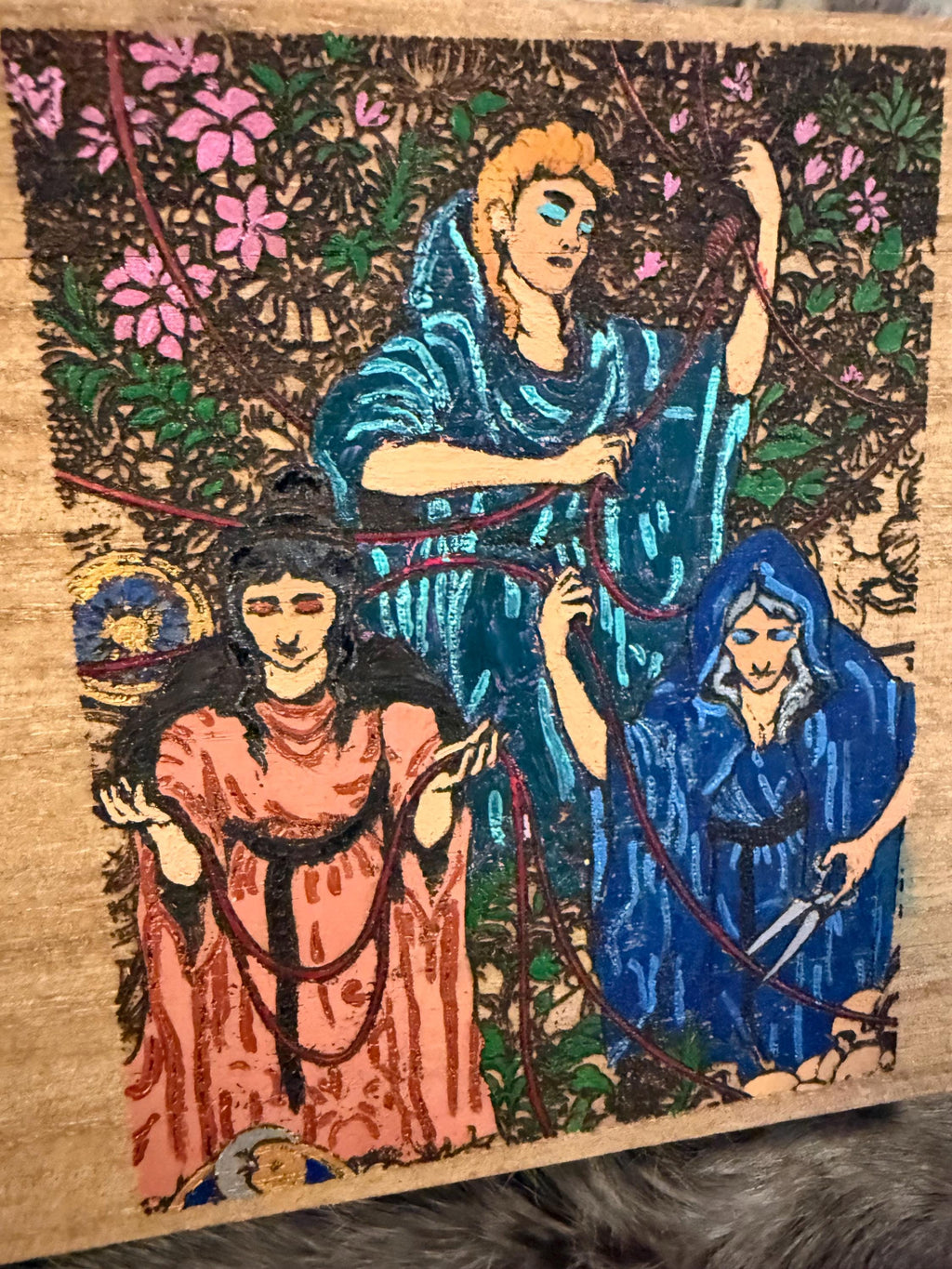 The Three Fates Altar Box: Wood Burned Greek Mythology Keepsake