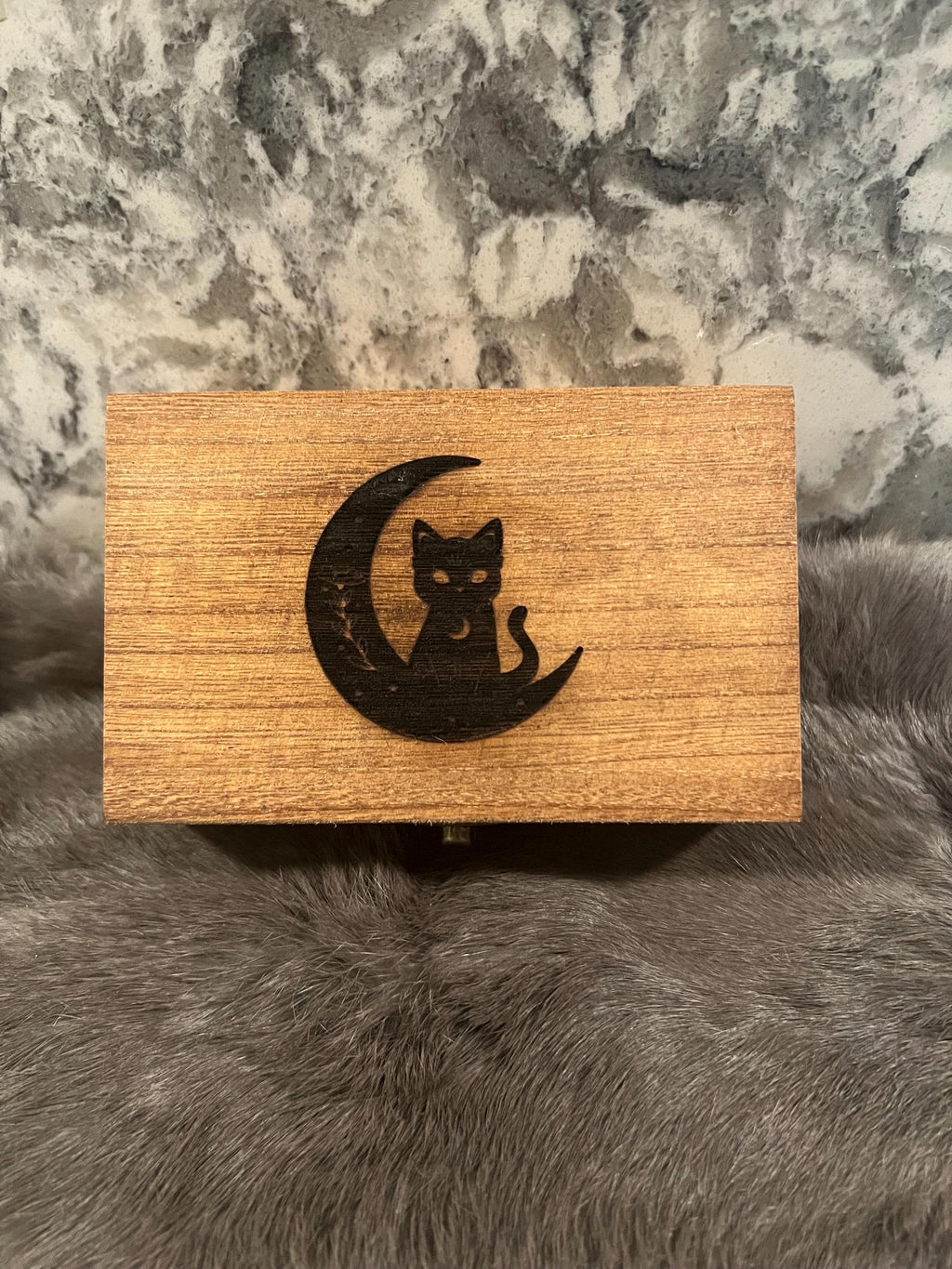 Etched Wood Tarot Card Box: Altar Box with Cat & Moon Design