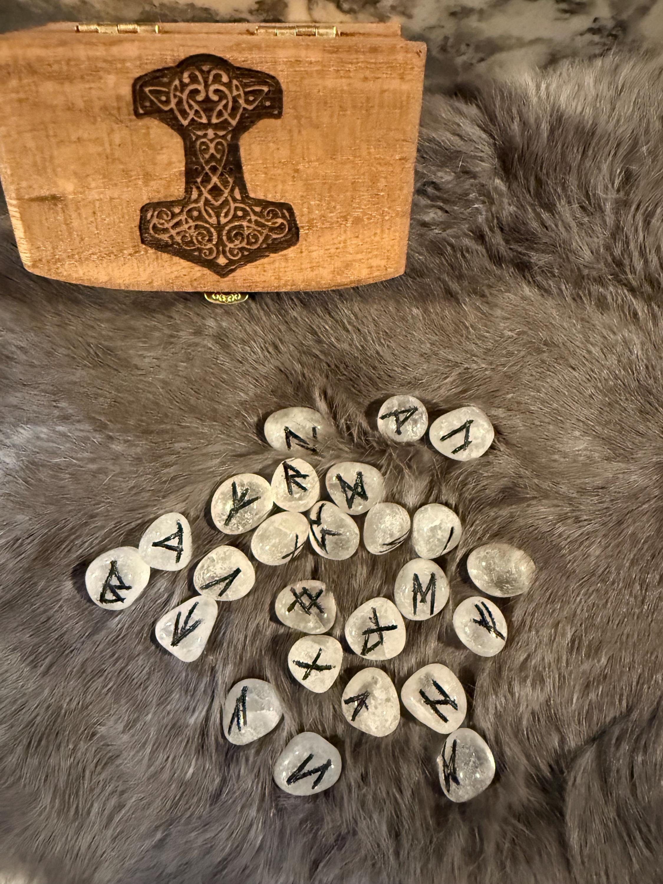 Gemstone Rune Set: Elder Futhark Runes With Thor’s Hammer Etched Wooden Box