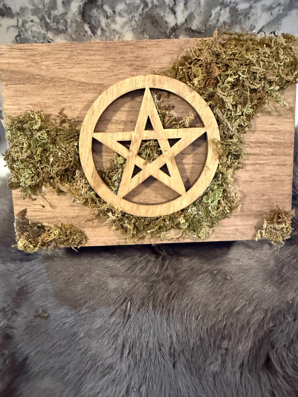 Green Witch Altar Box: Wooden Pentacle, Moss Adorned
