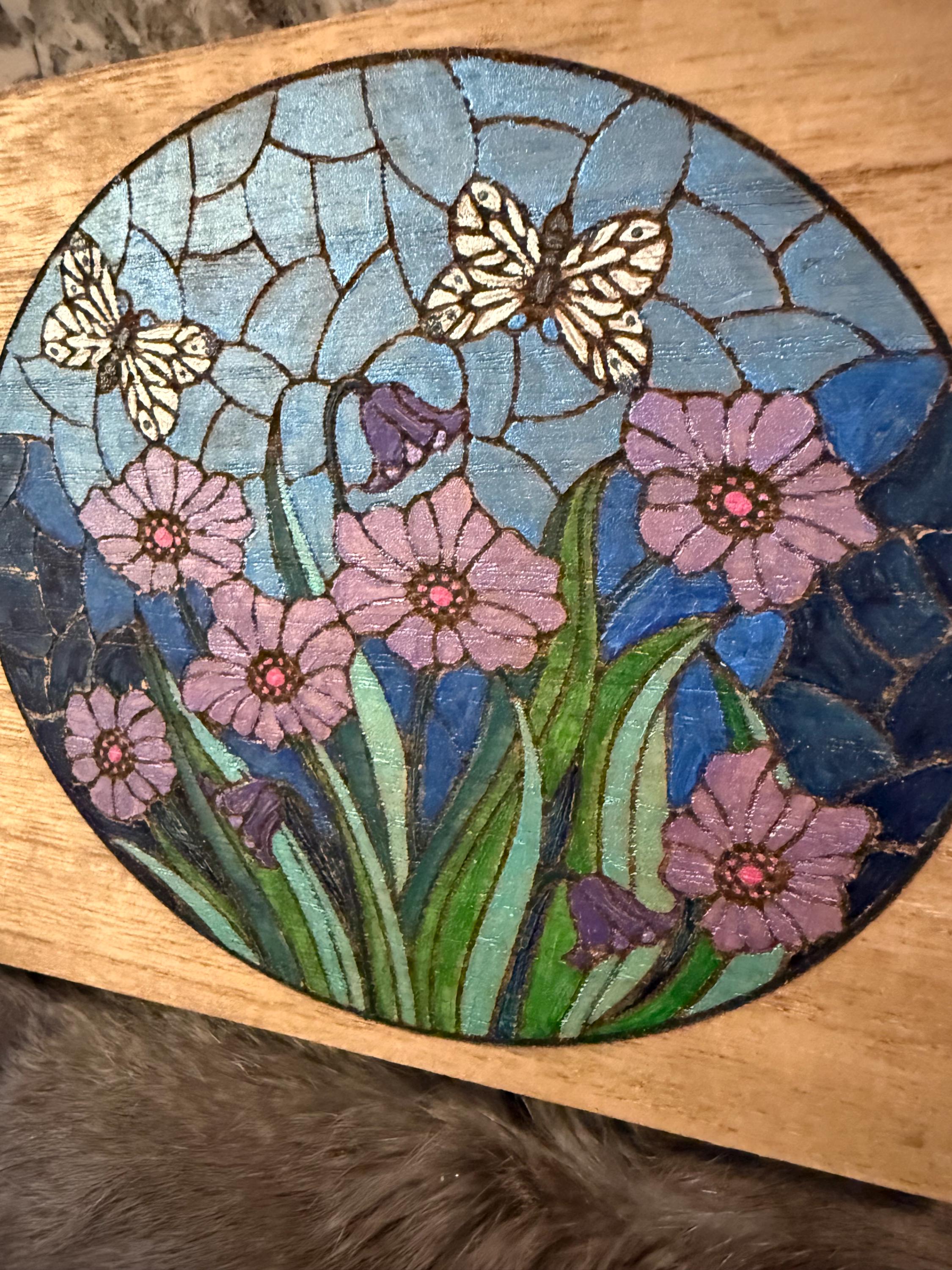 Handmade Garden Altar Box: Wood Burned Stained Glass Style