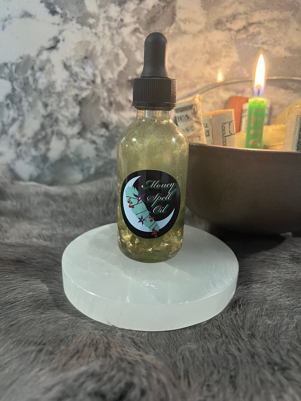 Manifesting Money Spell Oil: Gold Flakes, Jade & Peridot Infused (2oz)