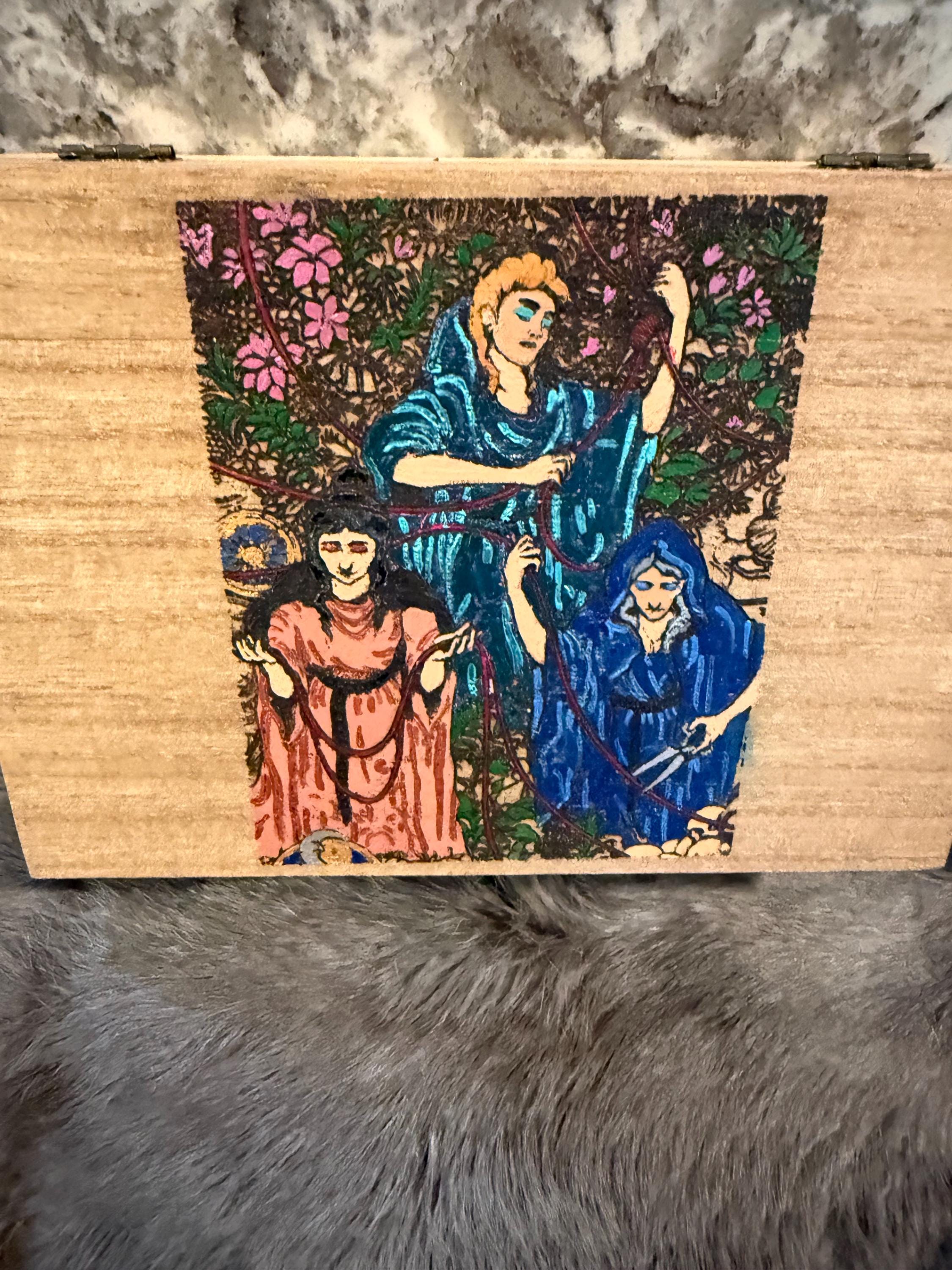 The Three Fates Altar Box: Wood Burned Greek Mythology Keepsake