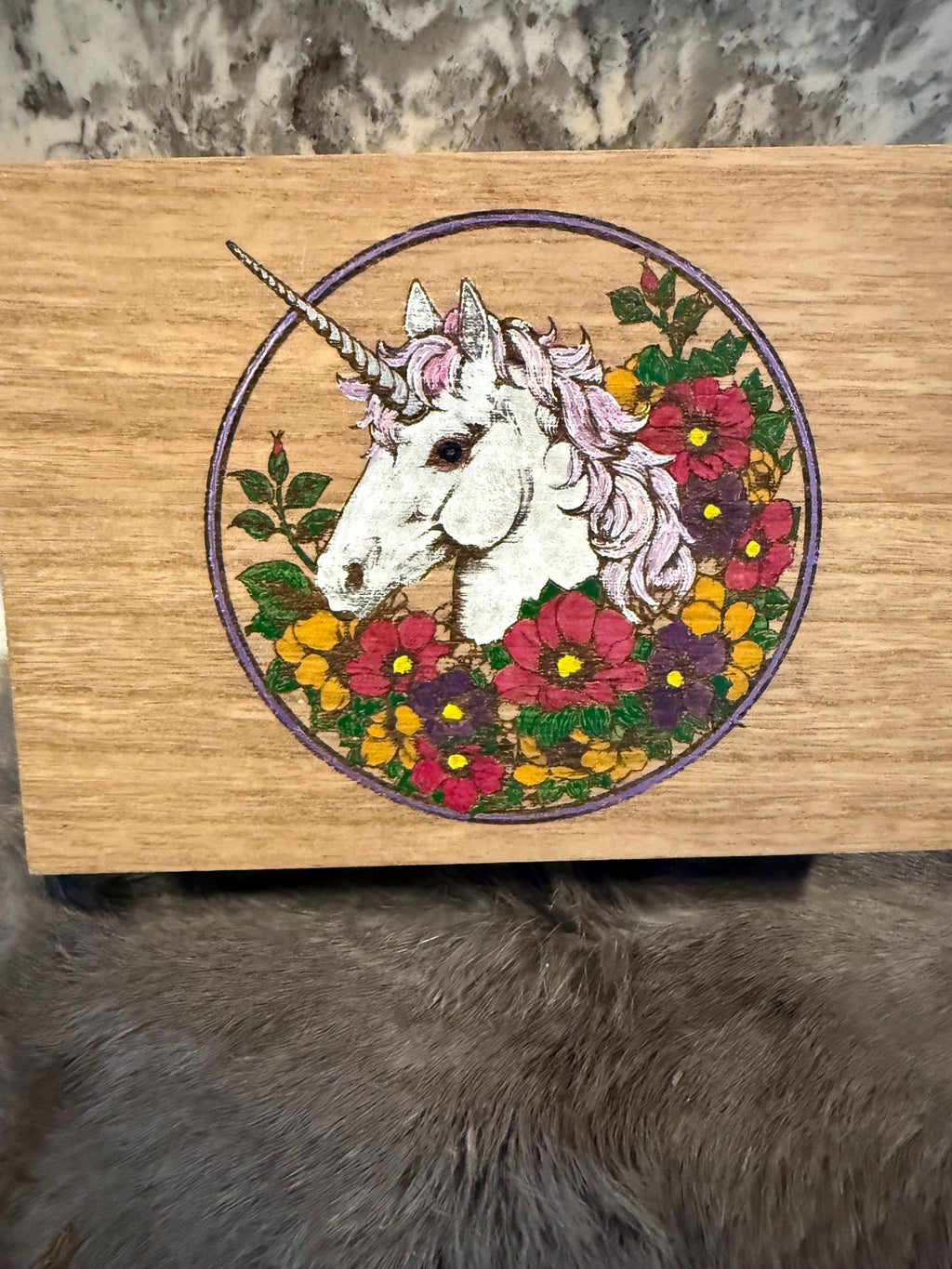 Wood Burned Unicorn Altar Box: Fantasy Wildflower Design